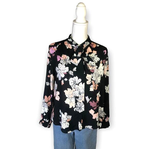 Astr The Label Tie Neck Long Sleeve Blouse Top Size S Black Pink Floral Sheer - Picture 2 of 13